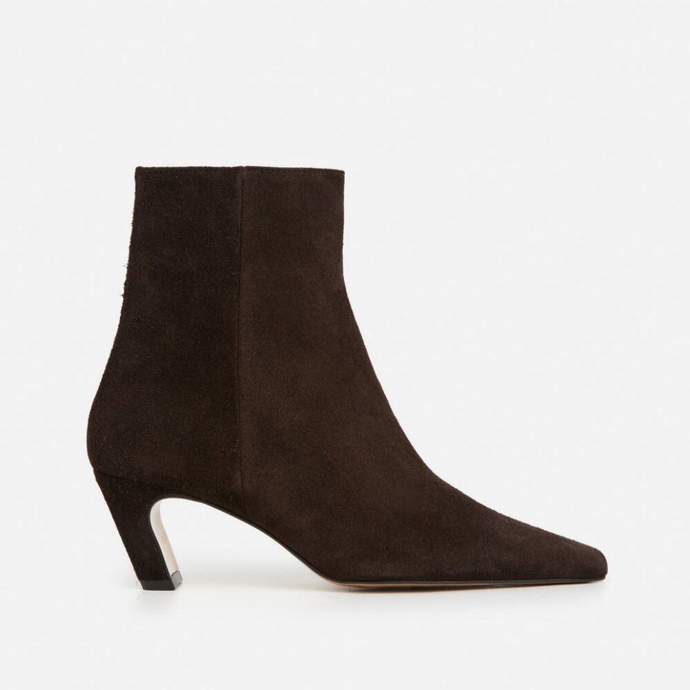 Flattered Xena Boot in Chocolate suede leather ankle high heel pointed toe